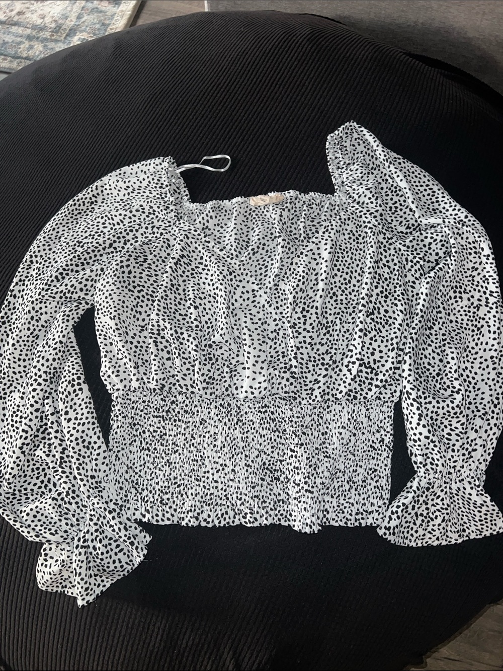 White & Black Dalmatian Print Smocked Waist Peasant Top